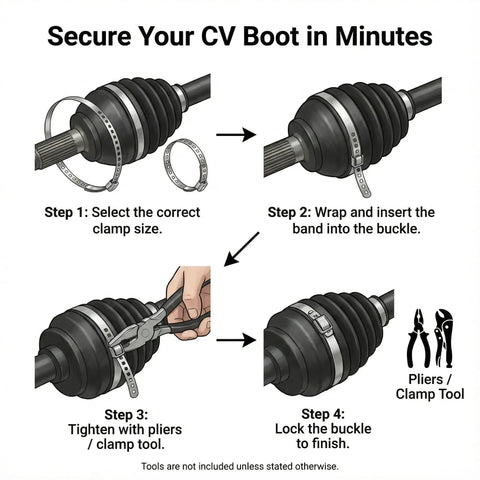 Universal Adjustable Stainless Steel CV Boot Clamp Kit 12 Piece Set installation steps for securing CV boots, showing clamp usage and tools.