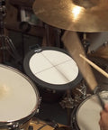 Drummer using USB C MIDI Drum Pad Controller With 4 MPE Zones Featuring Continuous Pressure Radius And Velocity 10 Inch Electronic Drum Pad For Hands Sticks Or Fingers Ultra Responsive Pro Grade Sensitivity With Adjustable Response Great For Live And Studio in a studio setup.