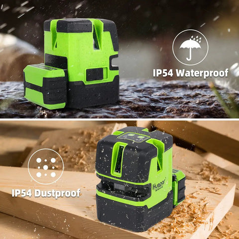 NT411G Multi Line Laser Level With Four Vertical Lines And One Horizontal Line Green Beam Plumb Dot Self Leveling Tool 360 Degree Rotating Base Pro Grade Framing And Square Layout Hard Carry Case Included shown in waterproof and dustproof conditions