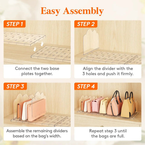 Assembly steps for Purse Organizer For Closet Clear Handbag Storage Organizer With Adjustable Dividers Clutch Pouch Organizer Includes 2 Shelf Dividers For Sweaters Keeps Bags Upright Easy Access Neat
