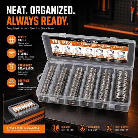 Heavy Duty 304 Stainless Steel Hose Clamps Worm Gear Assortment Kit 150PCS Adjustable 1/4 To 1-1/2 Inch in storage case