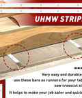 Table Saw Sled Made From Durable UHMW Plastic With Ultra Smooth Glide Pre Drilled Holes And Screws Included shown on a workbench.