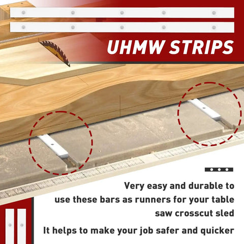 Table Saw Sled Made From Durable UHMW Plastic With Ultra Smooth Glide Pre Drilled Holes And Screws Included shown on a workbench.