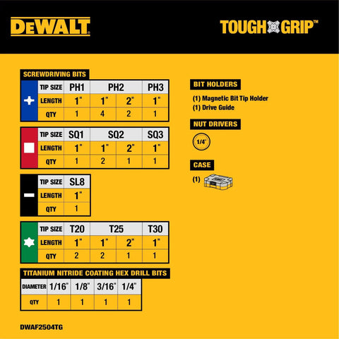 Chart showing bit sizes and components of the Tough Grip 27 Piece Screwdriver Bit Set And Impact Drill Driver Bits.