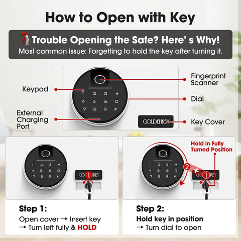 Instructions for opening Premium Jewelry Safe With Fingerprint And Keypad Lock, showing keypad, fingerprint scanner, and key cover.