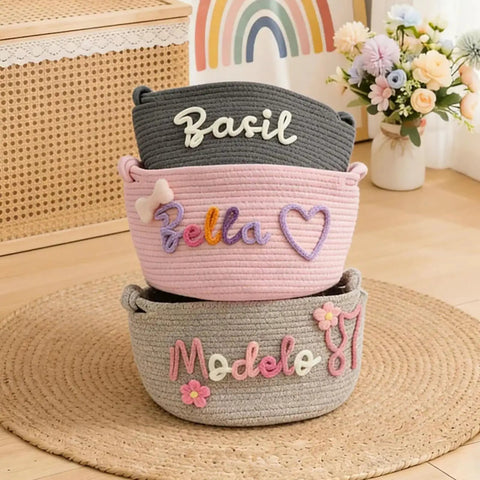 Custom Pet Toy Basket With Name Embroidery, Large Durable Cotton Rope Toy Storage Bin For Dogs And Cats