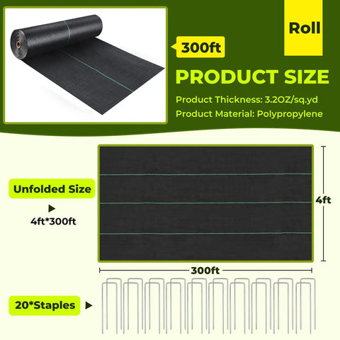 Heavy Duty 4 Foot By 300 Foot Weed Barrier Landscape Fabric 3.2 Oz Woven Geotextile for garden weed control, with 20 stakes