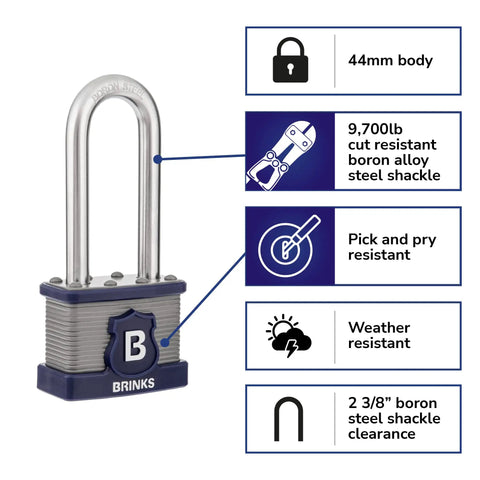 XT Series 44mm Laminated Steel Padlock with Two and Three Eighths Inch Shackle featuring weather resistant and hardened boron steel