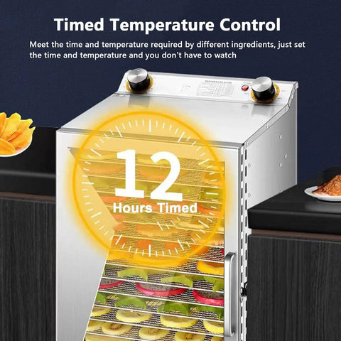 Heavy Duty Electric Food Dehydrator Machine With Hella Spacious 18 Layer Stainless Steel Trays for drying fruits and veggies with timed temperature control.