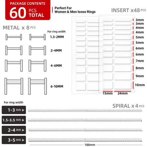 All In One Ring Size Adjuster Kit For Loose Rings With 60 Pack, 16 Sizes And 3 Styles Metal Guards Spacers, Invisible