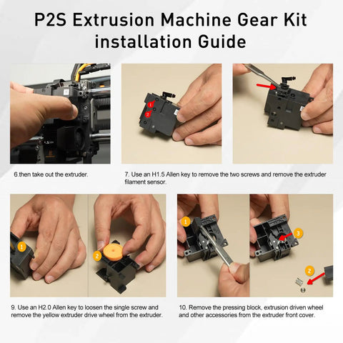 P2S Extruder Gear Assembly installation steps, tools "H1.5 Allen key", "H2.0 Allen key", filament sensor removal, gear kit replacement.
