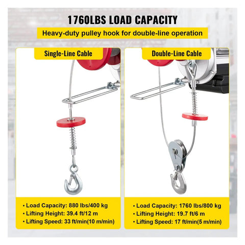 Heavy Duty 800 Kg Electric Chain Hoist Winch With Remote Control For Forklifts Warehouses And Building Sites Plus High Power 1450 Watt Motor showing load capacity and cable options.