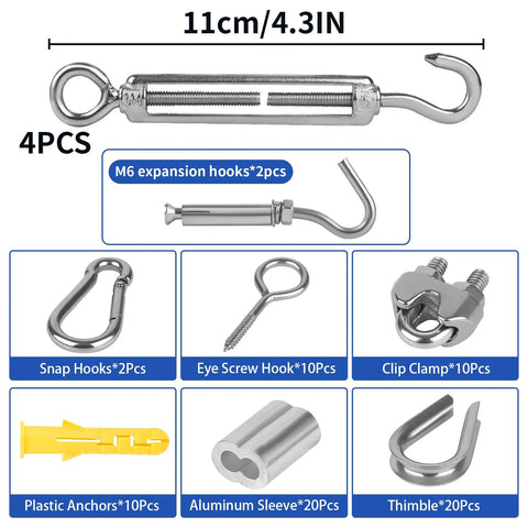 One Eighth Inch Wire Rope Kit With 200 Feet Vinyl Coated Stainless Steel Cable Heavy Duty Turnbuckles Clamps Hooks Thimbles And Tools