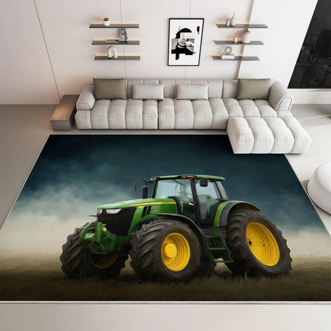 Living room with a Cozy 5x6 Foot Non Slip Area Rug With Soft Plush Texture, Machine Washable Dark Green Carpet featuring tractor design