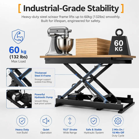 Heavy Duty Electric Scissor Lift Table With 60kg Load Capacity And Adjustable Height Of 7.1 To 26.7 Inches Featuring Wired Control Panel with Kitchen Mixer.