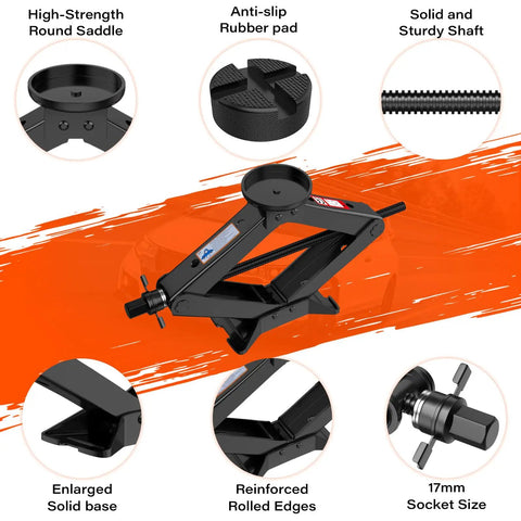 Heavy Duty Scissor Jack Serving Up 3 Ton Lift Capacity With Slick Non Slip Platform For No Sweat Tire Rotations Portable Auto Repair Kit Includes Lug Wrench For Cars Trucks Suvs showing high-strength round saddle and anti-slip rubber pad.