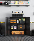 Heavy Duty Steel Garage Storage Cabinet With Two Doors And Adjustable Shelves Lockable File Counter Cabinet For Home Office Garage Gym School Black Tough As Nails For Busy Workshops And Home DIY Projects in a garage setting.