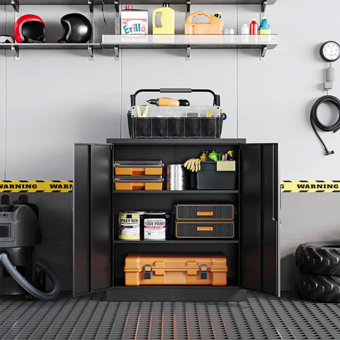 Heavy Duty Steel Garage Storage Cabinet With Two Doors And Adjustable Shelves Lockable File Counter Cabinet For Home Office Garage Gym School Black Tough As Nails For Busy Workshops And Home DIY Projects in a garage setting.