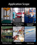Application scope including hydraulic presses, injection molding, vulcanizing, molding presses, machinery, solar energy