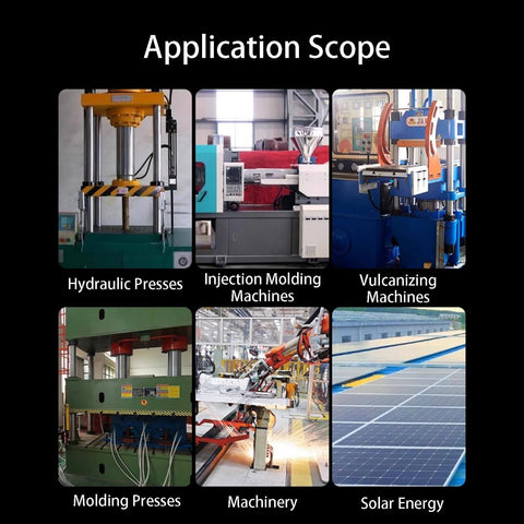 Application scope including hydraulic presses, injection molding, vulcanizing, molding presses, machinery, solar energy