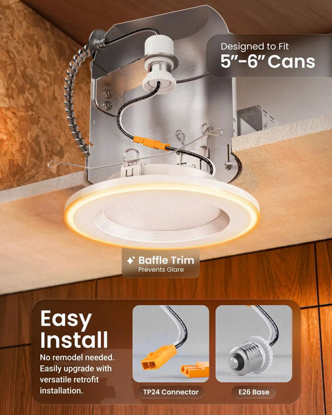 Sunco 24 Pack 6 Inch LED Recessed Lighting Retrofit with Night Light, installation detail showing baffle trim and connectors.