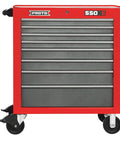 Industrial Grade Steel Rolling Tool Cabinet With Eight Roomy Drawers Forty One Inch Tall, close-up showing wheels and eight drawers.