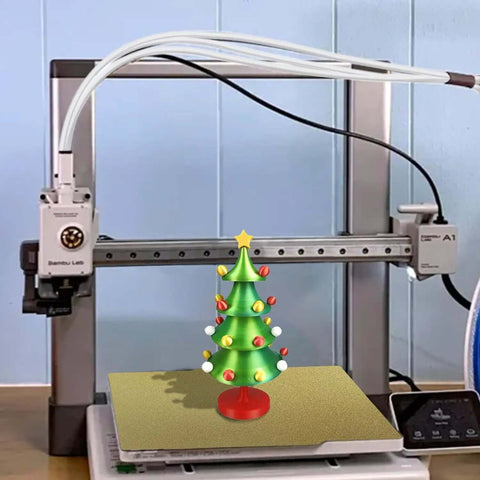 3D printer setup with 16.4Ft PTFE Teflon Tube Kit 2.5mm ID X 4mm OD for 1.75mm filament, featuring Christmas tree model print.