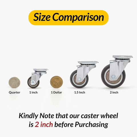 Size comparison of Heavy Duty 2 Inch Caster Wheels Set Of 4 next to coins, showing 1 inch, 1.5 inch, and 2 inch casters.