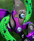 Close-up of Mid Line Clip On Rope Climbing And Descending Device for Arborists on 11.5 to 12.7 mm line, adjustable friction control.