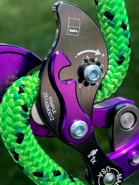 Close-up of Mid Line Clip On Rope Climbing And Descending Device for Arborists on 11.5 to 12.7 mm line, adjustable friction control.