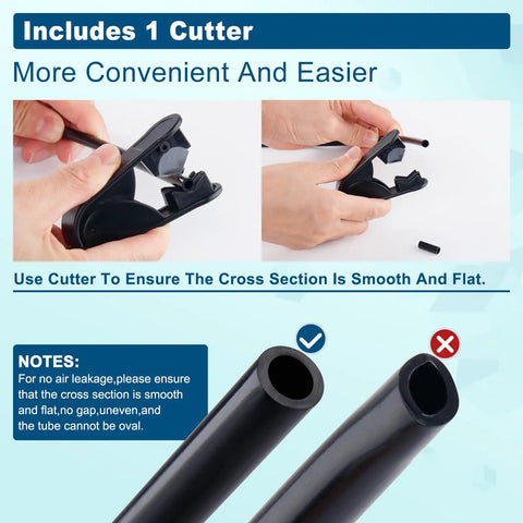 Hands using cutter on 35 Foot DOT Approved Air Line Hose With Cutter For Pneumatic Systems SAE J844 PA12 Nylon One Quarter Inch