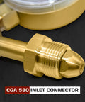 Brass CGA-580 inlet connector for nitrogen regulator; close-up view of threaded end.