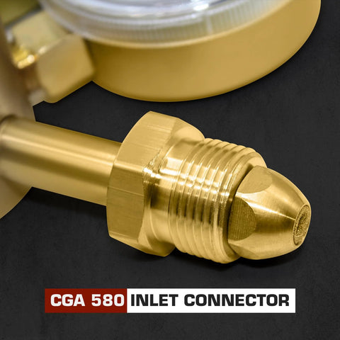 Brass CGA-580 inlet connector for nitrogen regulator; close-up view of threaded end.