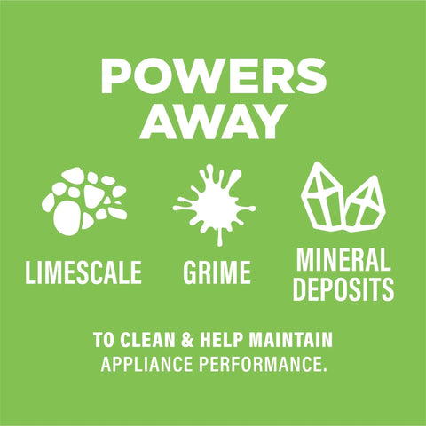 "Image showing 'Powers Away' text with icons for limescale, grime, mineral deposits for Descaler For Coffee Makers And Espresso Machines Three Tablet System That Kicks Mineral Deposits And Limescale No Vinegar Odor EPA Safer Choice Keeps Your Brew Fresh And Clean Across Multi Cup And Single Serve Machines"