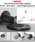 Heavy Duty Magnetic Floor Door Stopper That Keeps Your Door Locked In Place With Premium Peel And Stick Tape No Drilling Headache For House Or Work Space Black installation guide showing door gap measurements.