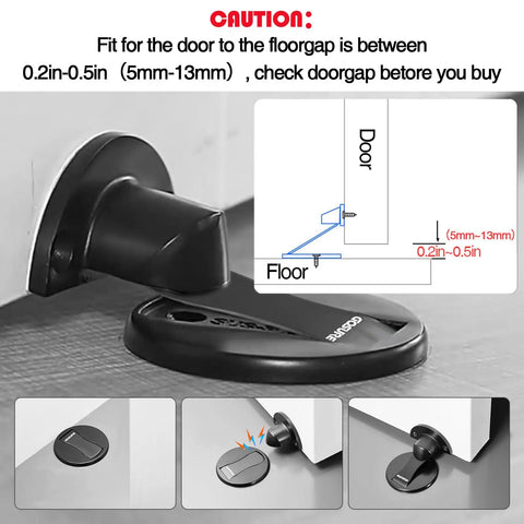Heavy Duty Magnetic Floor Door Stopper That Keeps Your Door Locked In Place With Premium Peel And Stick Tape No Drilling Headache For House Or Work Space Black installation guide showing door gap measurements.