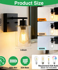 Modern Matte Black Wall Sconces With Clear Glass Shades, Farmhouse Industrial Vanity Lights For Bathroom Mirror Bedroom Hallway, displaying dimensions and bulb options.