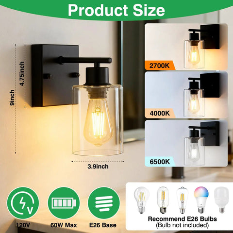 Modern Matte Black Wall Sconces With Clear Glass Shades, Farmhouse Industrial Vanity Lights For Bathroom Mirror Bedroom Hallway, displaying dimensions and bulb options.