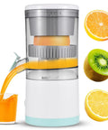 Handheld Citrus Juicer Electric For Oranges Lemons Limes USB Rechargeable Portable Squeezer Wireless Masticating Press with orange and lemon slices.