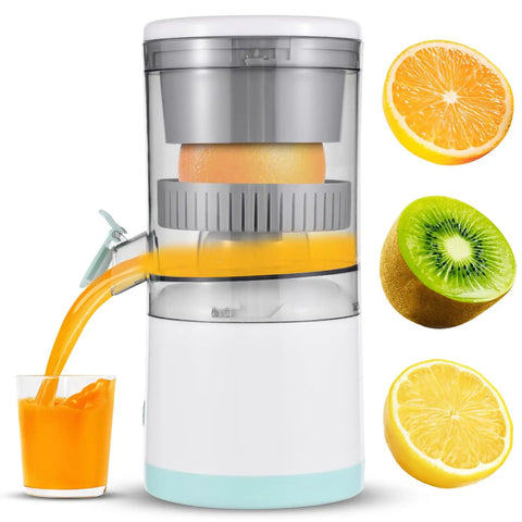 Handheld Citrus Juicer Electric For Oranges Lemons Limes USB Rechargeable Portable Squeezer Wireless Masticating Press with orange and lemon slices.