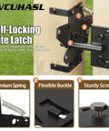 Heavy Duty Rock Solid Self Locking Gate Latch Post Mount Automatic Gravity Door Security Hardware Steel Black Finish close-up view on wooden post