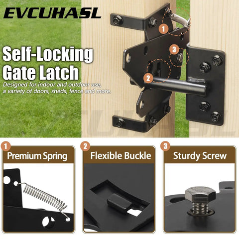 Heavy Duty Rock Solid Self Locking Gate Latch Post Mount Automatic Gravity Door Security Hardware Steel Black Finish close-up view on wooden post