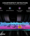 Heavy Duty Business Money Counter With Top Loading Cash Handling Machine Featuring Quick Batch Mode And Slick Counterfeit Detection showing bill with UV and IR sensors.