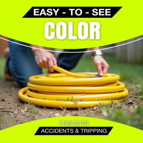 Coiled yellow 75 foot indoor outdoor extension cord on grass, highlighting easy-to-see color for safety.