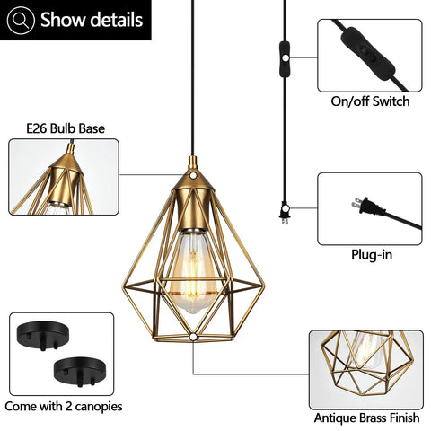 2 Pack Plug In Pendant Lights Matte Gold Vintage Brass Cage Fixtures With 15 Ft Cord And On Off Switch close-up with parts