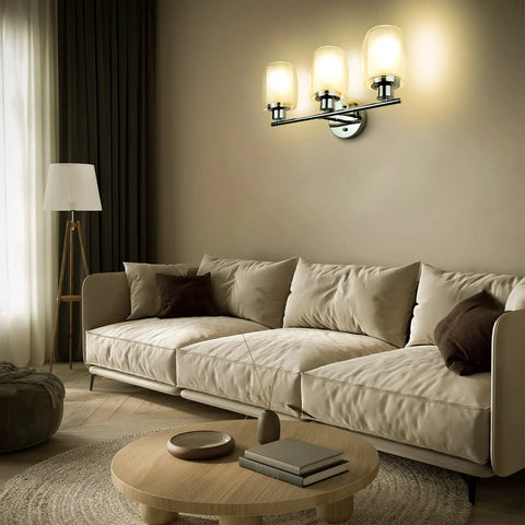 Three Light Chrome Bathroom Vanity Fixture With Dope Double Layer Anti Glare Shade in elegant living room setting