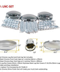 Steel Chrome Axle Wheel Cover Set For Semi Trucks with hub caps and 60 chrome ABS nut covers displayed with product measurements.