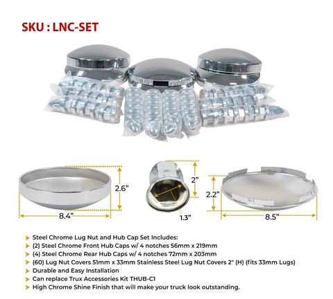 Steel Chrome Axle Wheel Cover Set For Semi Trucks with hub caps and 60 chrome ABS nut covers displayed with product measurements.