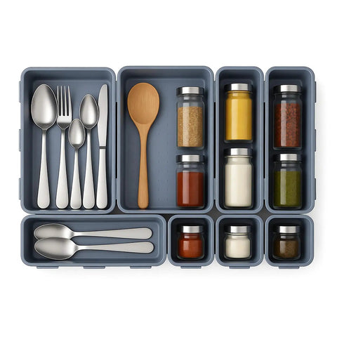 8 Piece Interlocking Drawer Organizer Trays Set In Light Gray Plastic, Modular Storage Bins with utensils and spices displayed