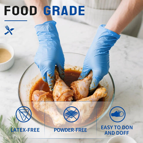 Premium Nitrile Exam Gloves 4 Mil Thick 100 Box Ripstop Power Textured Grip used for marinating chicken in a bowl.